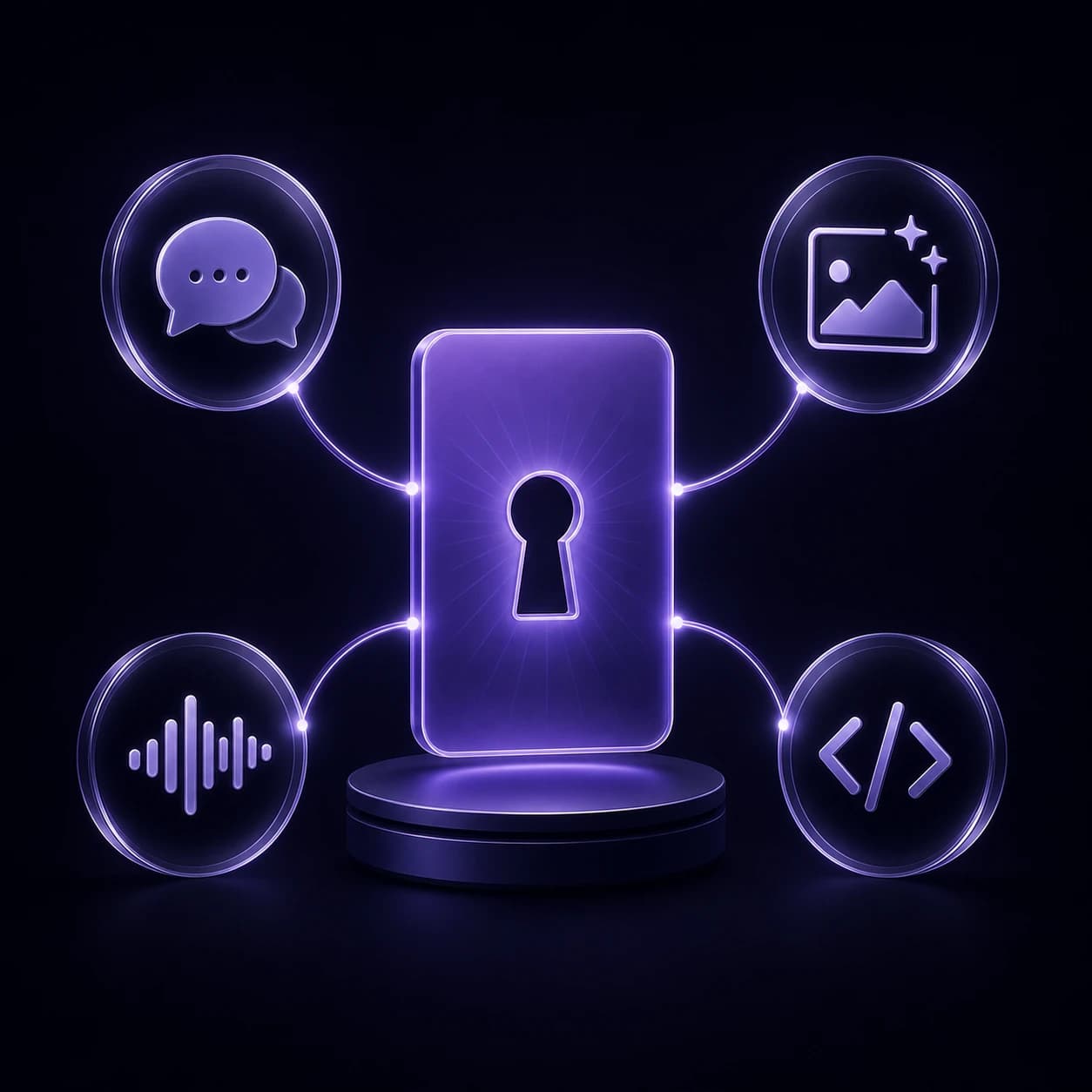 One AI Pass credential connecting chat, image, audio, and code tools