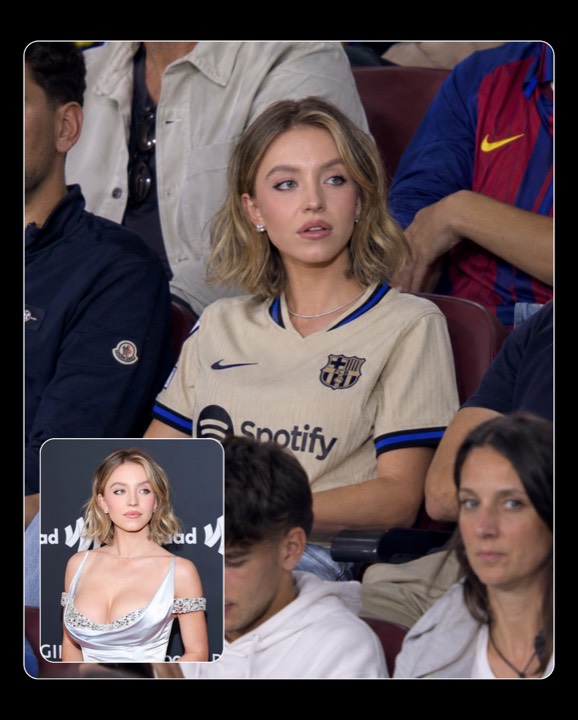 AI fan photo example — person edited into FC Barcelona away kit in the stands at Camp Nou with original portrait inset