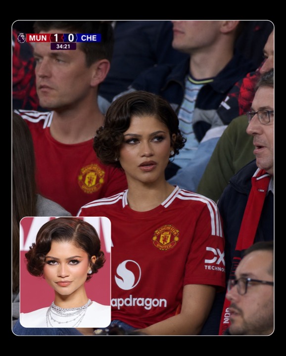 AI fan photo example — person edited into Manchester United home kit at Old Trafford with broadcast scoreline overlay