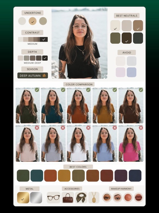 Editorial magazine style AI color analysis for a woman by the sea — deep autumn season showing best and avoid clothing color comparisons.