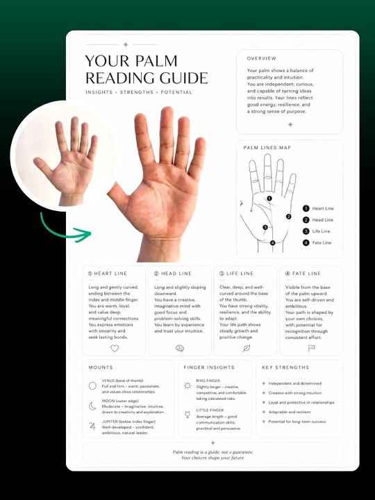 Example AI palm reading guide showing palm lines map, finger insights, mounts, and key strengths