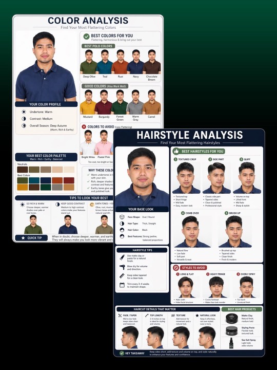 AI color analysis and hairstyle analysis for a man in a navy polo — deep autumn season with warm rich palette and textured crop hairstyle recommendations.