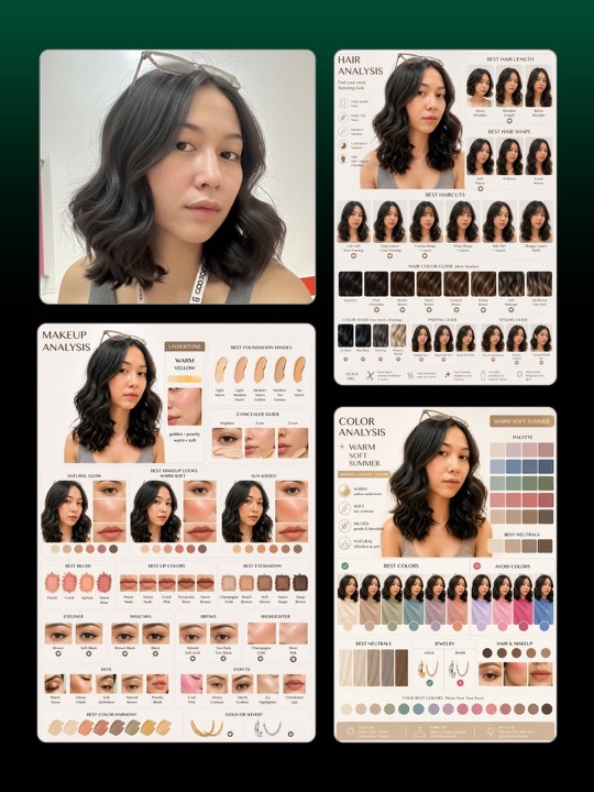 Combined AI hair, makeup and color analysis report panel layout for a woman with wavy dark hair — warm soft summer palette.