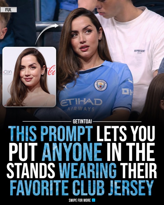 AI fan photo example — person edited into Manchester City home kit at the Etihad Stadium with original portrait inset