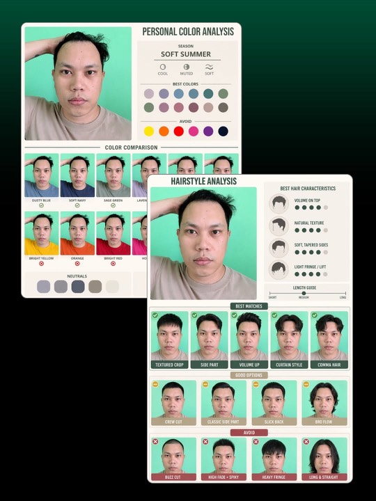 AI personal color analysis showing soft summer season and side-by-side haircut comparison grid generated from a portrait photo.